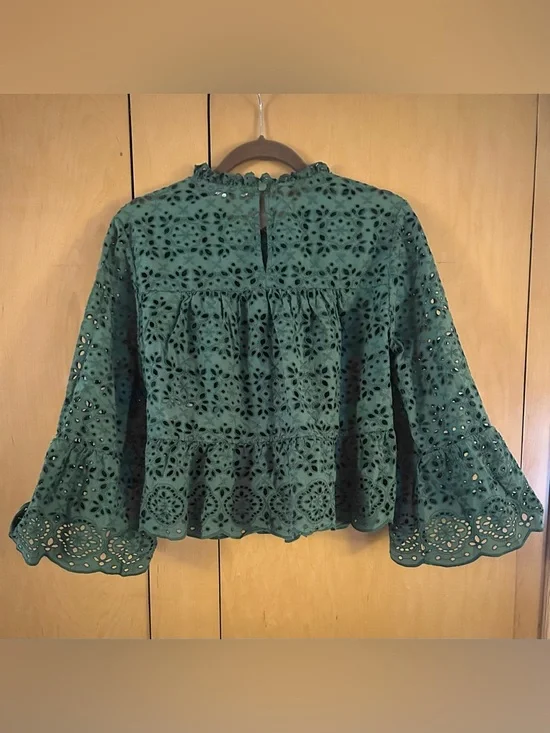 Veronica Beard Emmalyn Eyelet Flounce Top in Green - Ruffle Peplum/Bell Sleeve - Picture 4 of 11